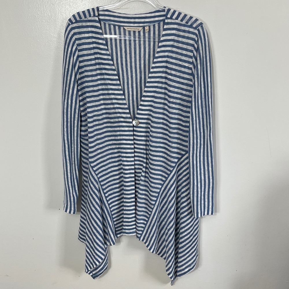 Soft Surroundings Cardigan Women Large Blue Striped Linen asymmetrical Hem